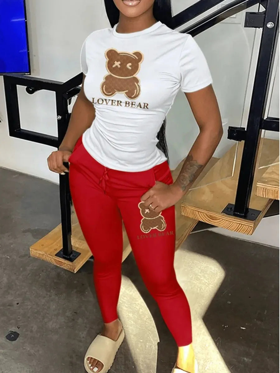 LW Plus Size Tracksuit Women Two Piece Lover Bear Letter Print Pants Set Woman Short Sleeve Tee&Sporty Trousers 2PC Activewears