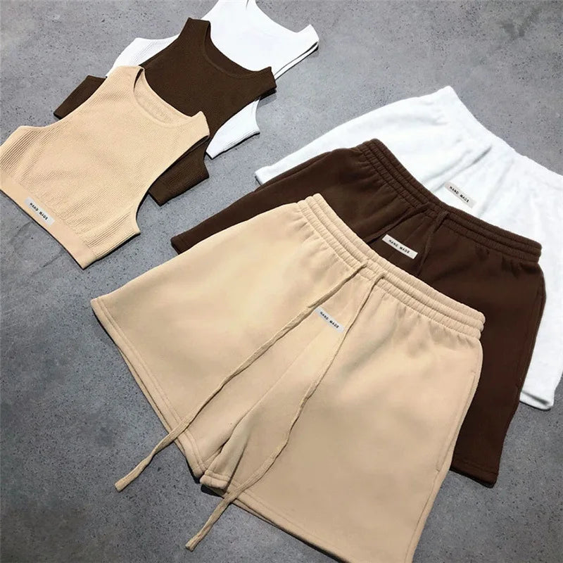 Women's Sport Shorts Sets Letter Ribbed Skinny Tank Tops Loose Casual Drawstring Sweatpants Gym Workout Fitness Female Tracksuit