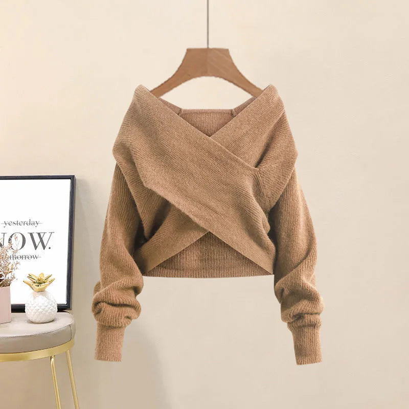 Korean Style Autumn New Chest Cross Knitted Sweater Pullover Pleated Half Skirt Two-piece Set Fashionable Women's Skirt Set