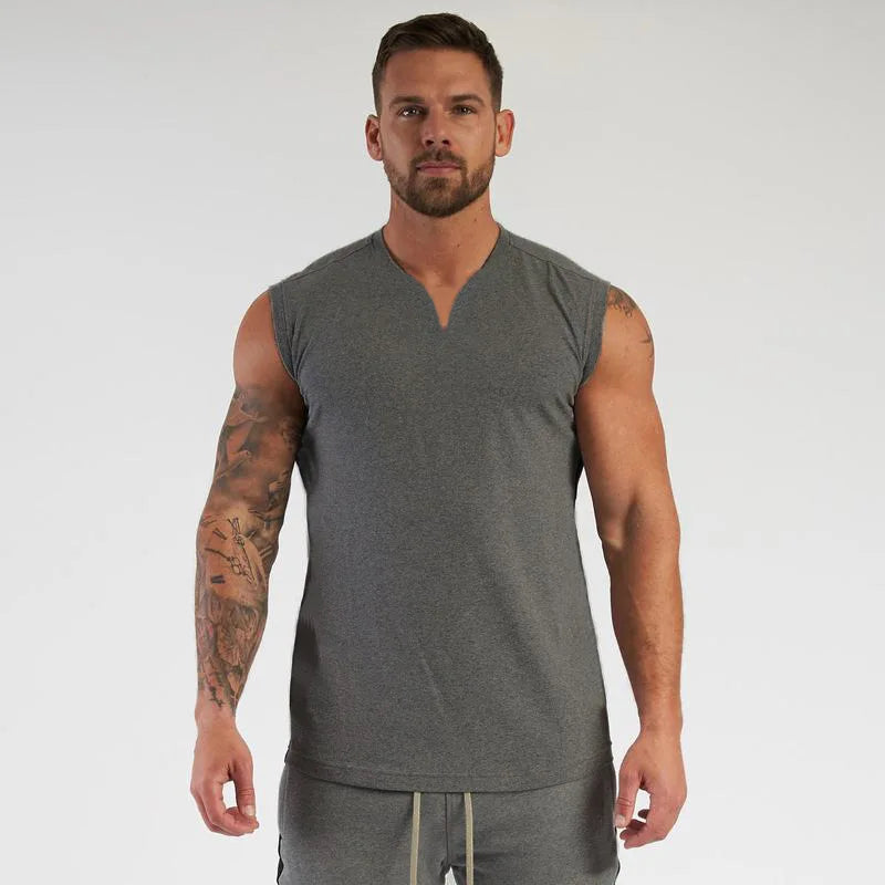 2023 Cotton V-neck Fitness Tank Top Men Summer Muscle Vest Gym Clothing Bodybuilding Sleeveless Shirt Workout Sports Singlets