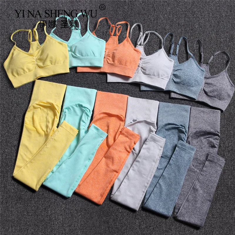 Seamless Yoga Set Women Fitness Pants Clothing Sportswear Woman Gym Leggings Padded Push-up Strappy Sports Bra 2 Pcs Sports Suit