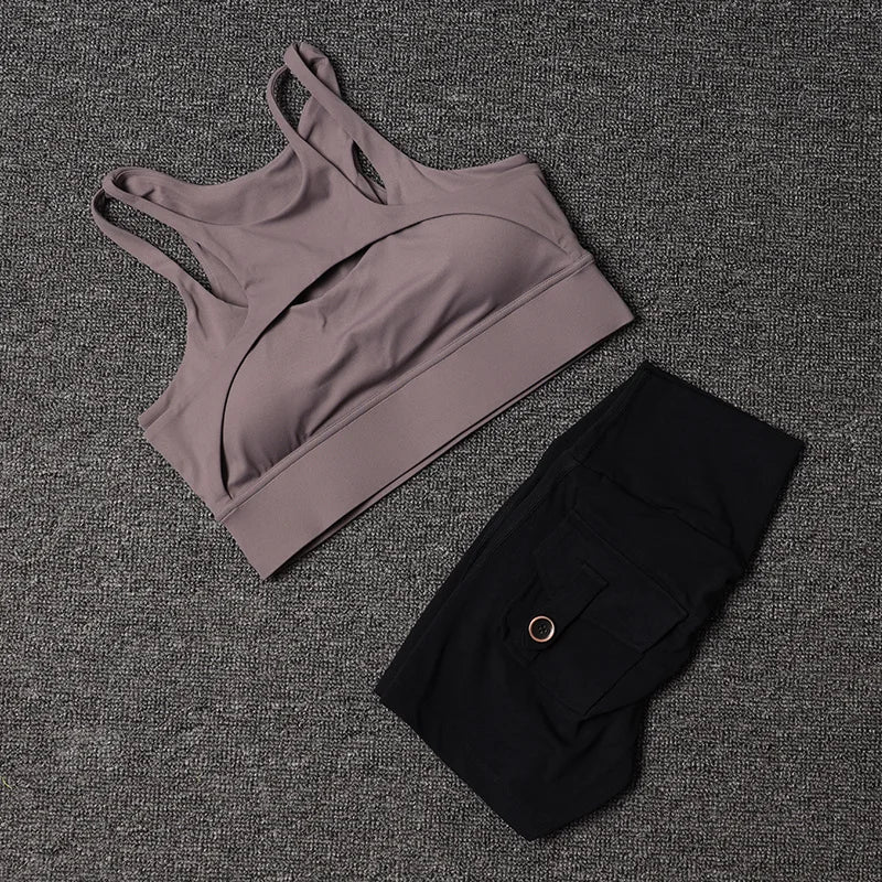 Women's Tracksuit Shorts Yoga Set With Pocket High Waist Sportswear Bra Fitness Workout Leggings Cycling Gym Shorts Sports Suit