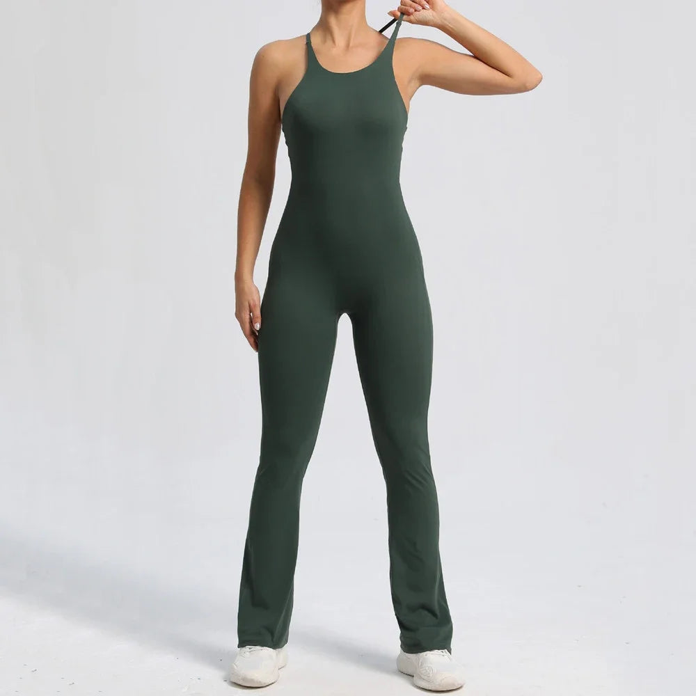 2024 Nylon Pad Bunny Sportwear Fitness Yoga Set Workout Flared Legging One Piece Jumpsuit Pants Exercise Active Wear Bodysuit