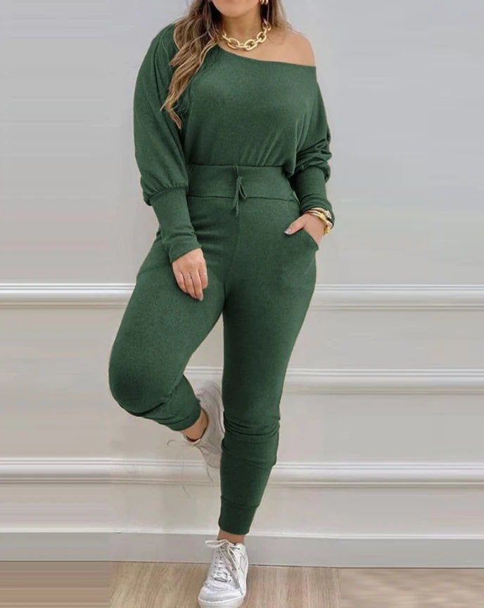 Women's Pants Outfits Daily New Fashion 2 Piece Skew Neck Knitted Lounge Set Long-Sleeve Drawstring Top & Casual Fall Sweatsuit