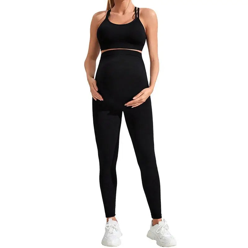 Seamless Yoga Set Pregnant Woman Abdomen Bare Bra Maternity Two Piece Workout Set Fitness Tracksuit Gym Sports Push Up Leggings