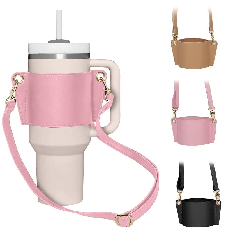 Water Bottle Handle Shoulder Strap Universal Water Bottle Carrier Travel PU Leather Coffee Mug Holder for Stanley 30oz/40oz Cup