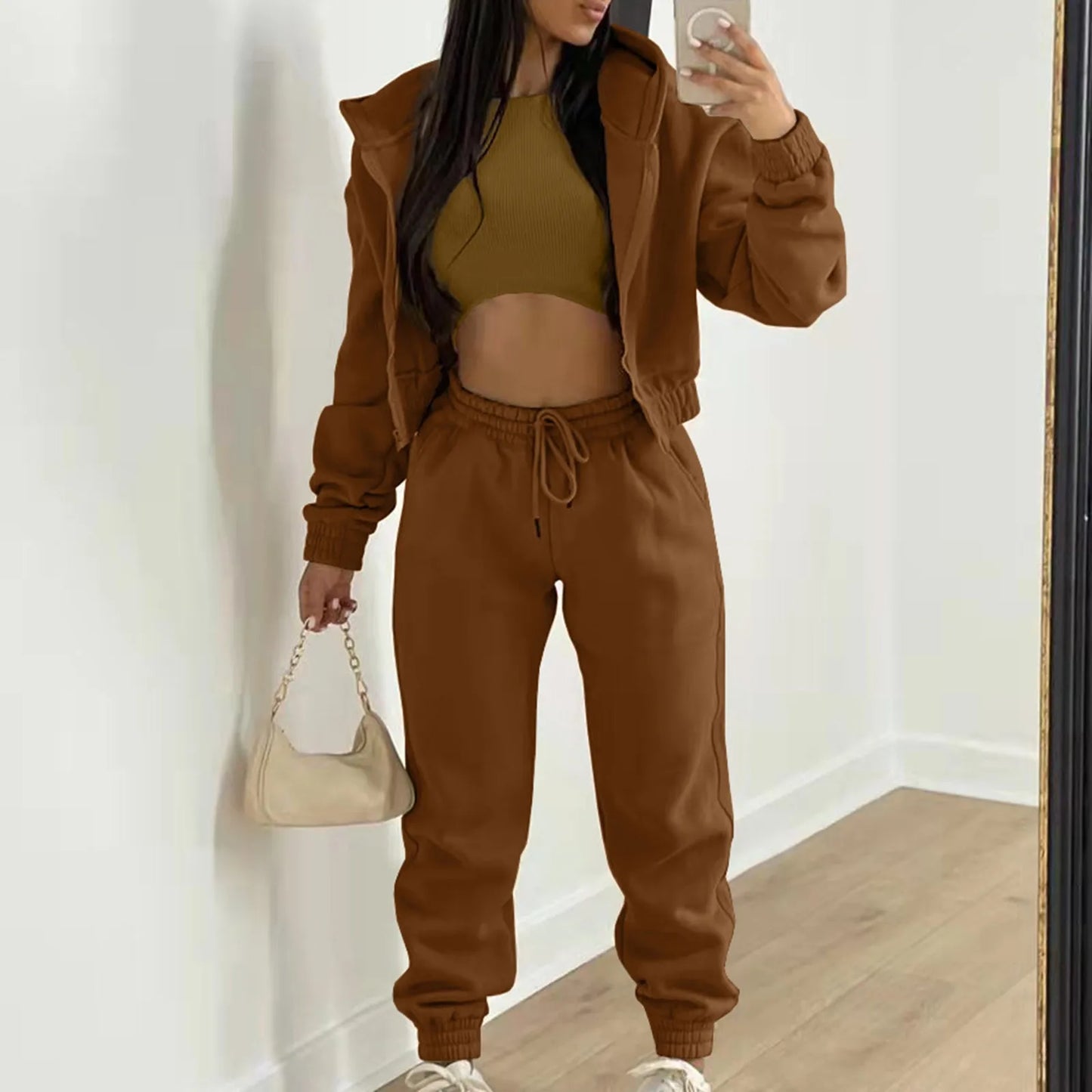 Fashion Women 3 Piece Sets Long Sleeve Zip Hoodies+Ribbed Tank+High Waist Sweatpants Jogger Pant Suit Sporty Three Pieces Outfit