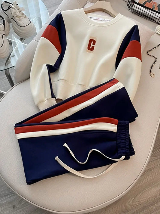 Casual Sporty Two-piece Set Women Letter Print O-neck Sweatshirt + Drawstring Trousers Sets Sports Pants Suits