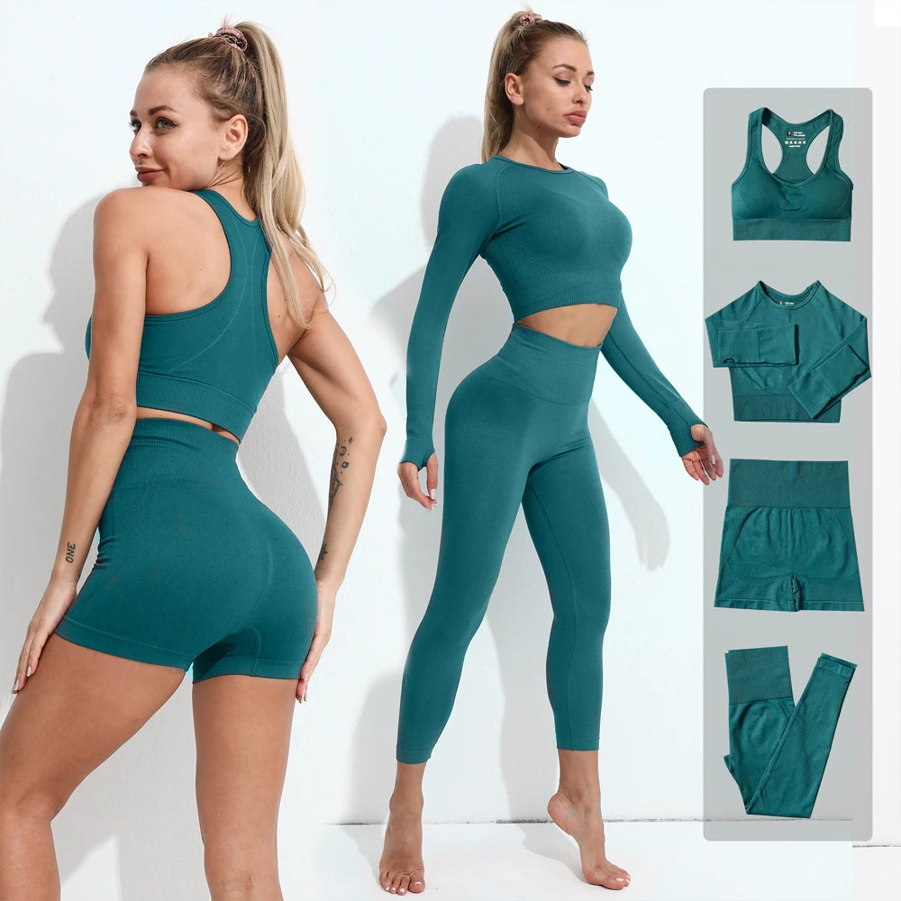 2/3/4PCS Seamless Women Yoga Set Workout Sportswear Gym Clothing Fitness Long Sleeve Crop Top High Waist Leggings Sports Suits