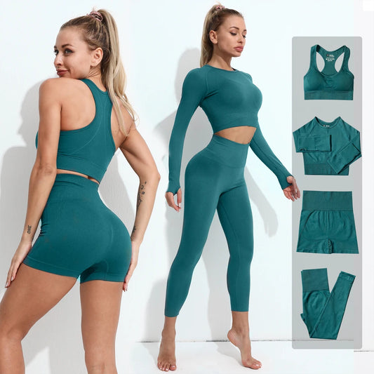 2/3/4PCS Seamless Women Yoga Set Workout Sportswear Gym Clothing Fitness Long Sleeve Crop Top High Waist Leggings Sports Suits