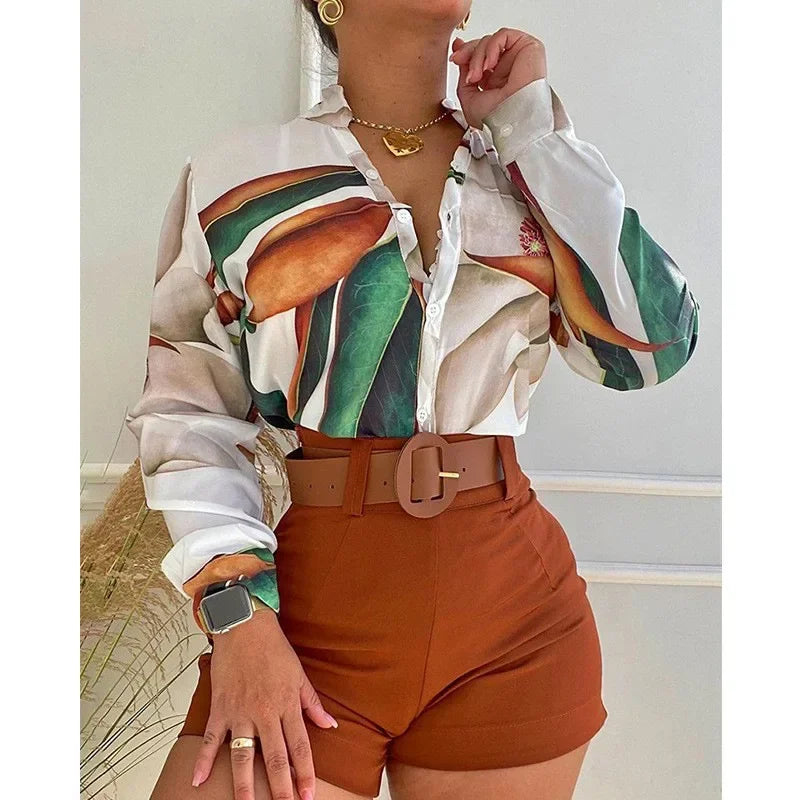 Beach Holiday Women's Tracksuit Floral Leaf Long Sleeve Shirt and Shorts Matching Two 2 Piece Set Outftis Sweatsuit