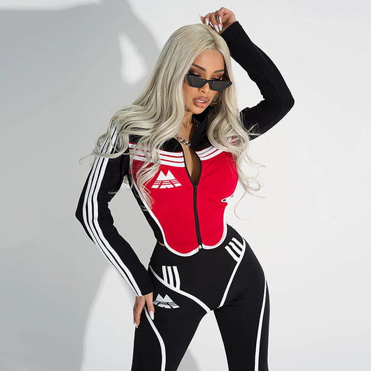 Black and Red Slim Fit Sports Suits for Women Long Sleeves Zippered Top High Waist Tight Sweatpants