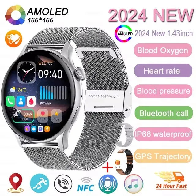 2024 New NFC GPS Smart Watch Women 1.43 Inch AMOLED 466*466 HD Screen Always Display Sport Watch Women Bluetooth Call Smartwatch