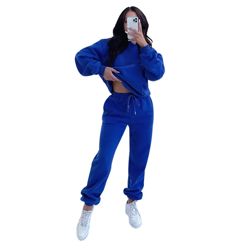 Womens Fleece 2 Piece Outfits Lounge Hoodie Sweatsuit Sets Oversized Sweatshirt Baggy Fall Fashion Sweatpants With Pockets