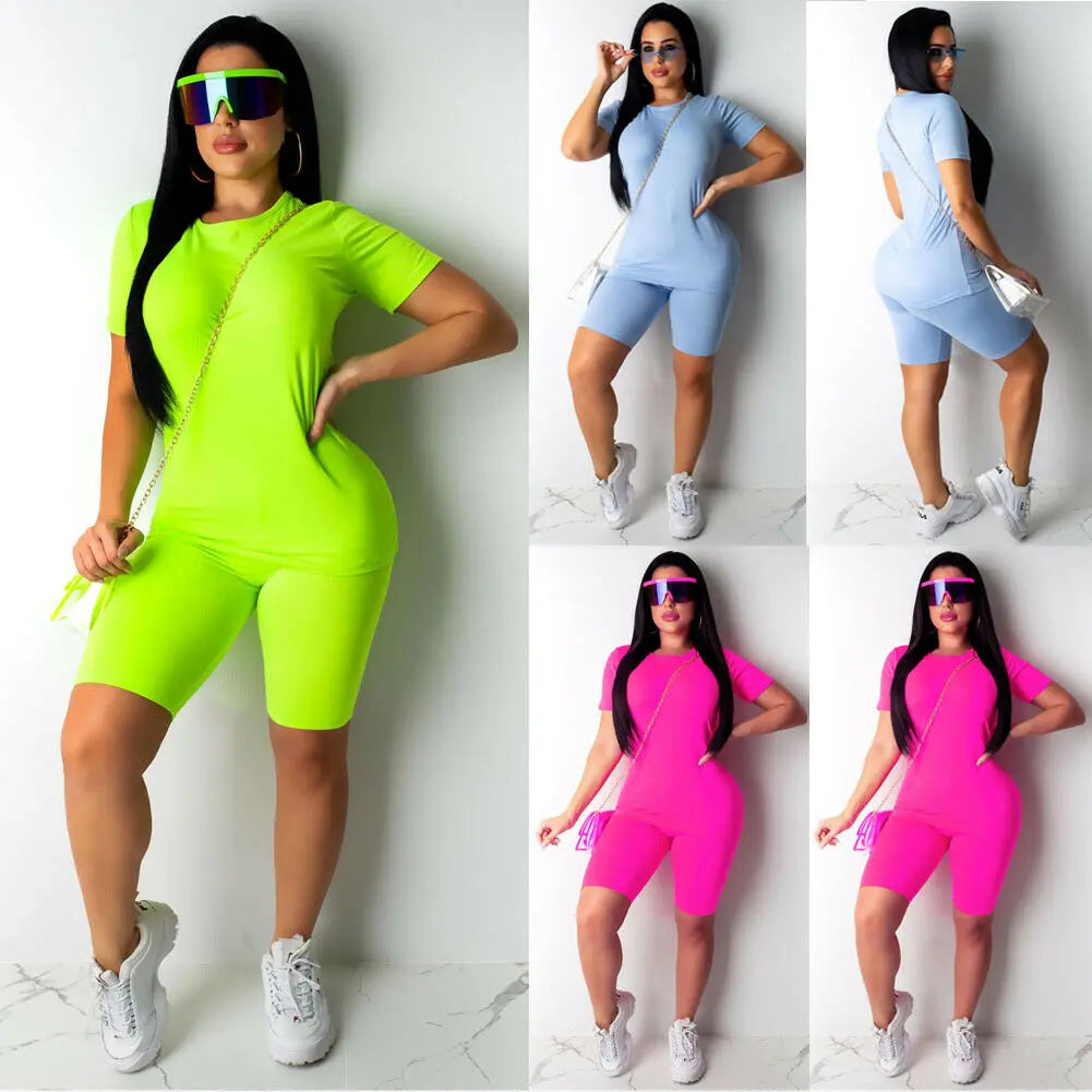 Hirigin 2PCS/Set Women Sports Suit Neon Top Short Pants Workout Clothes Tracksuit Fashion Summer Outfit Ladies Casual 2 PCS Set