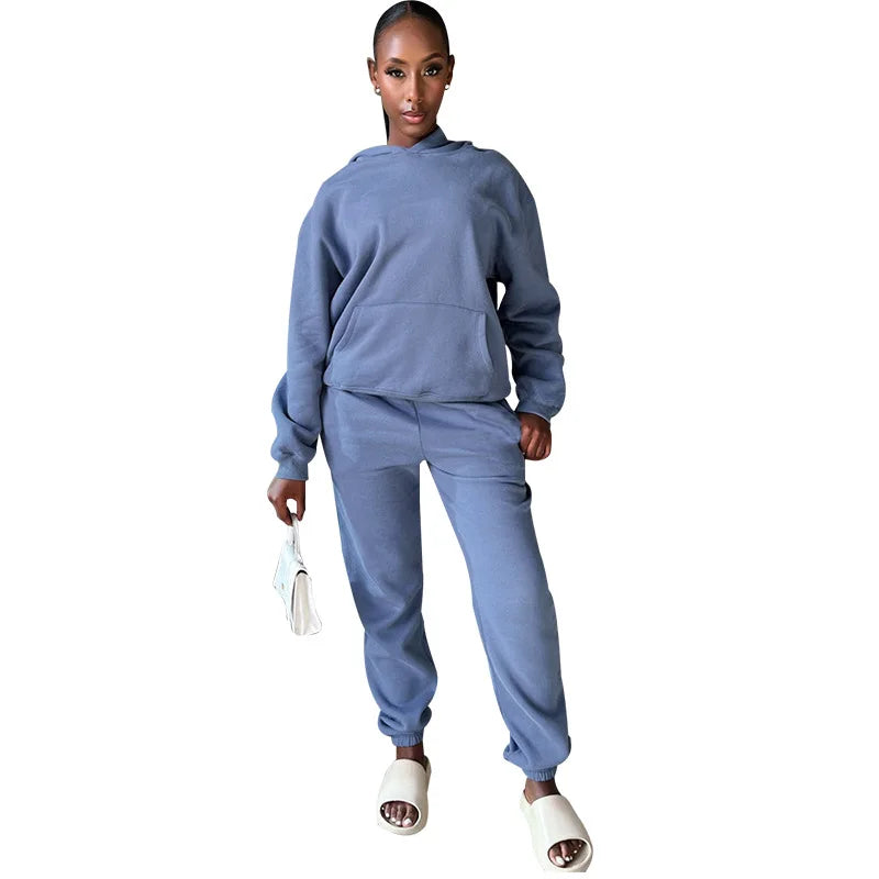 Womens Fleece 2 Piece Outfits Lounge Hoodie Sweatsuit Sets Oversized Sweatshirt Baggy Fall Fashion Sweatpants With Pockets