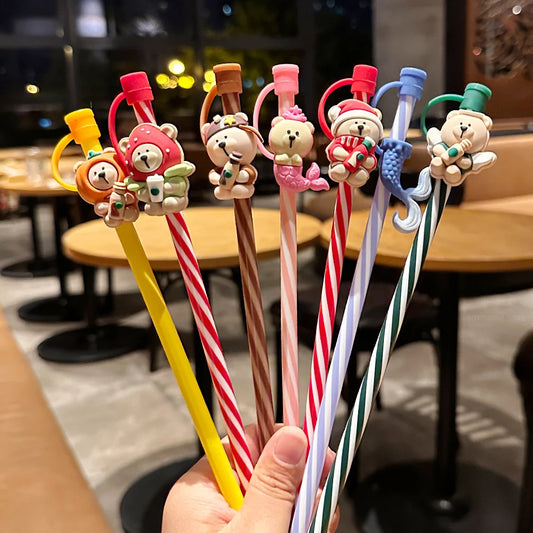 Cute Silicone Straw Cover For 7-8mm Straws With Brush Reusable Splash Proof Straw Cap Topper For 30 40oz Tumbler Cup Accessories