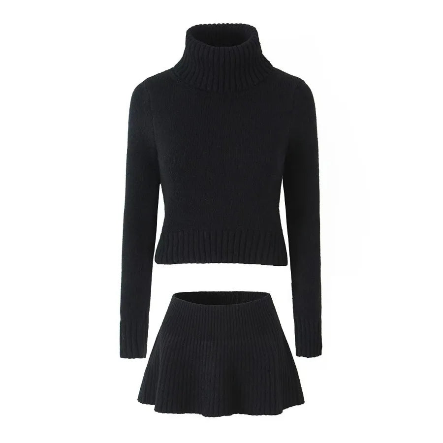 Absobe Knitted Sweater Mini Skirt 2 Piece Set Women Flapped High Neck Long Sleeve Top A-Line Short Skirt Set Autumn Streetwear