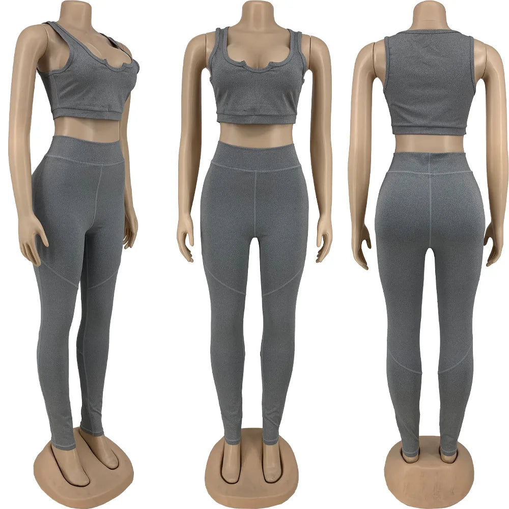 Fitness Women Yoga Tracksuit Workout Two Piece Set Solid V Neck Vest Tank Top Legging Pants Outfit Sport Matching Set Home Suit