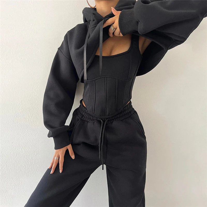 Women Crop Tops Hoodies Tracksuit With Corset Vest Fall Winter Fleece Sweatsuit Sport Jogger Outfits 3 Two Piece Sweatpants Sets