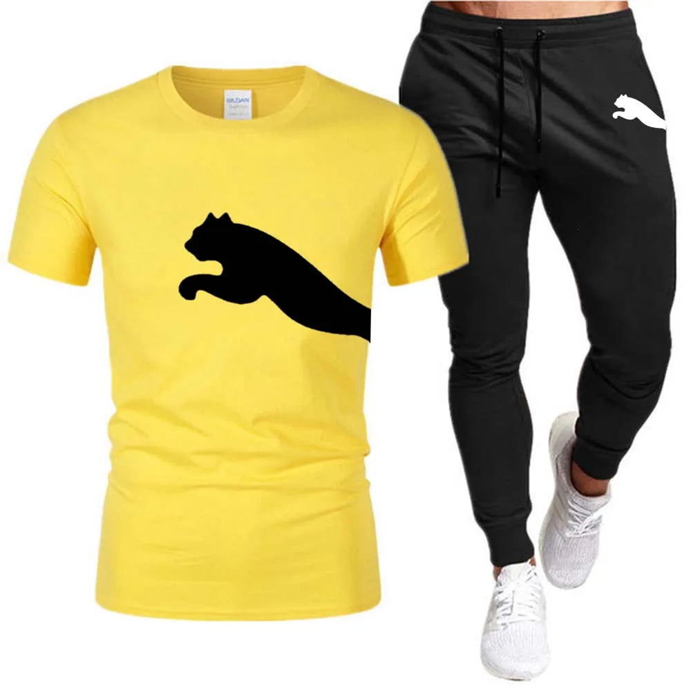 Men's Mesh T-shirt Sweatpants Suit Summer Fashion Casual Short-sleeved T-shirt Sportswear Outdoor Street Two-piece Set S-3XL