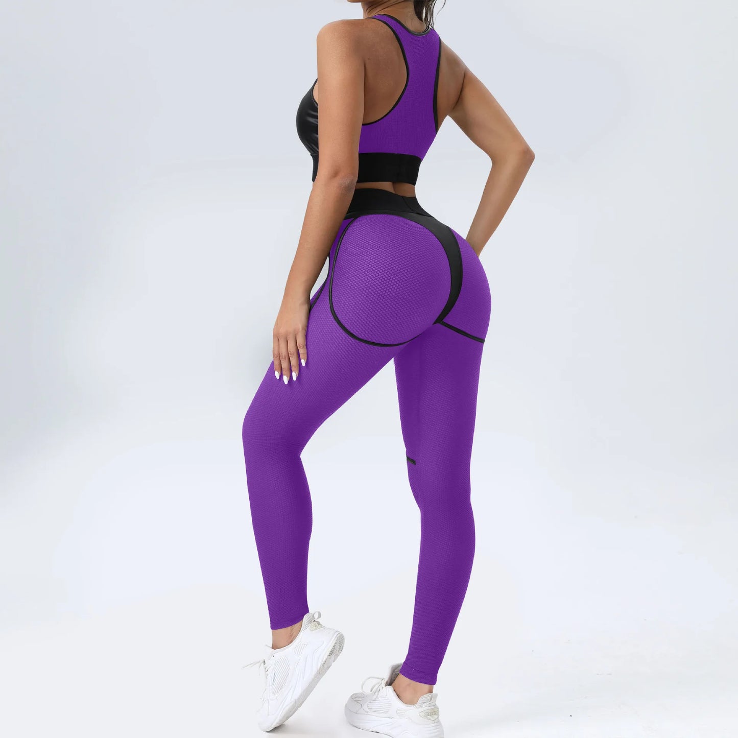 INS American Spicy Girls Street Fashion Sporty Style Personalized Mesh Panel Contrast Hip Lift Fitness Bodysuit Pants Yoga Suit