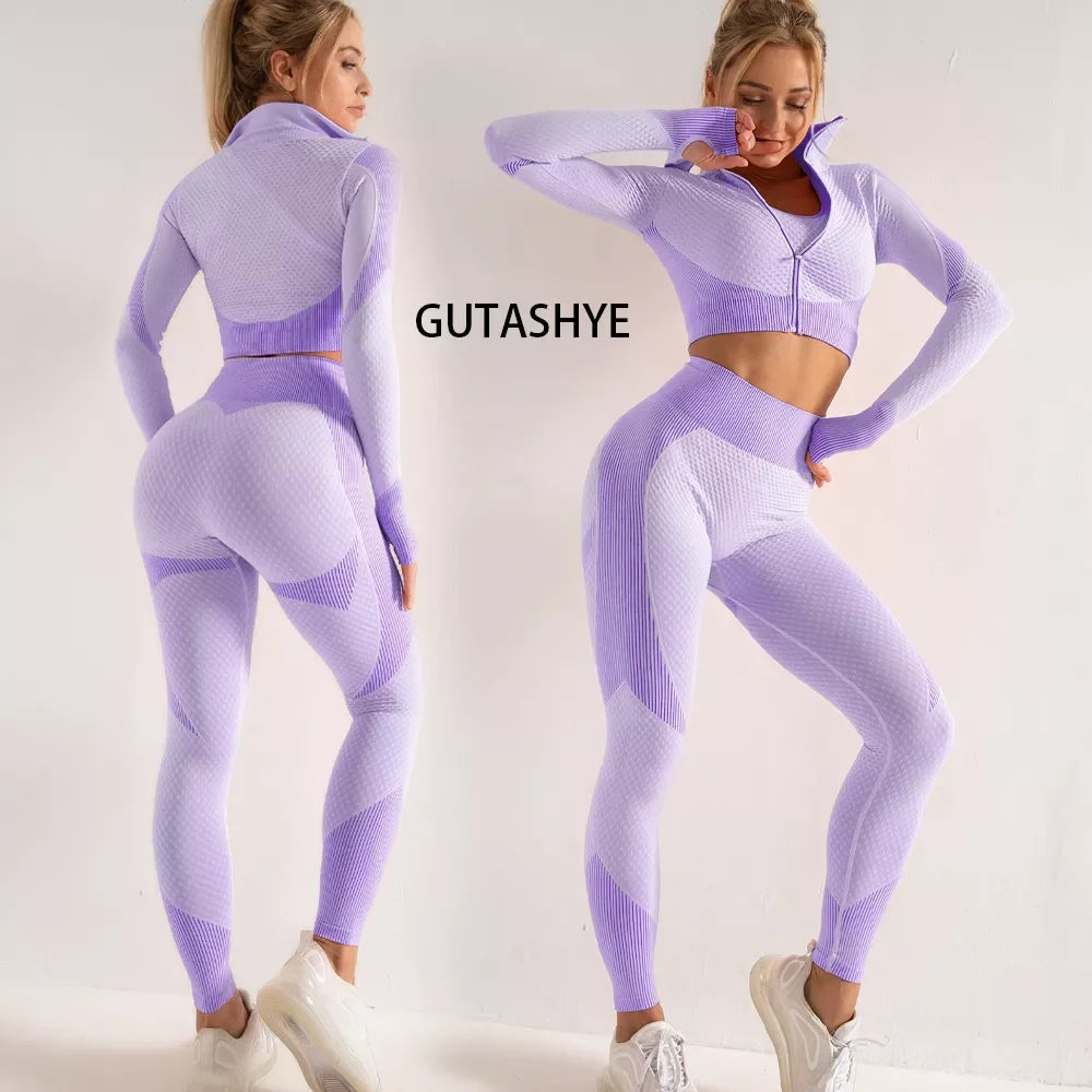 Seamless Long Sleeve Yoga Sets for Women, Female Sport Suit, Gym Wear, Running Clothes, Fitness Clothing, 2 or 3 Pcs