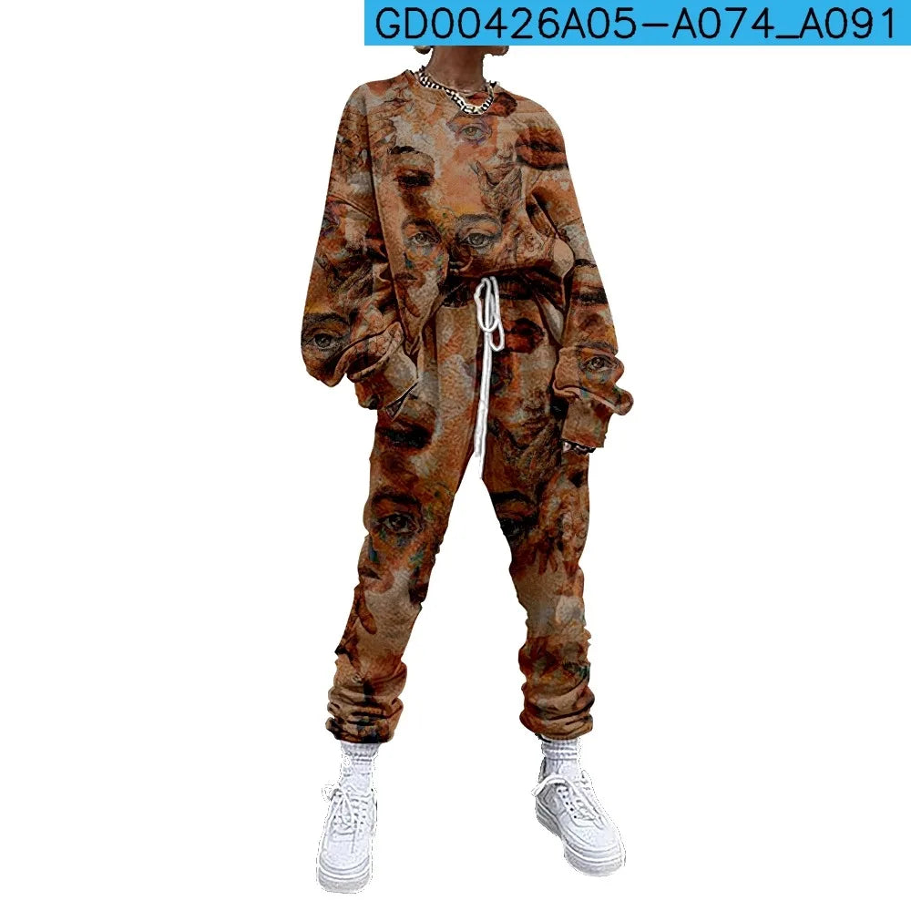 SOJINM Women Clothing 2 Piece Set Suit Outfits Abstract Printed Casual Sport Suit Streetwear Set Autumn Tracksuit sweatpants