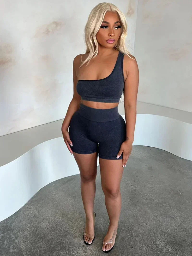 KEXU Fashion Yoga Two 2 Piece Set Women Outfit Sleeveless One Shoulder Crop Top and Legging Shorts Suit 2024 Summer Tracksuit