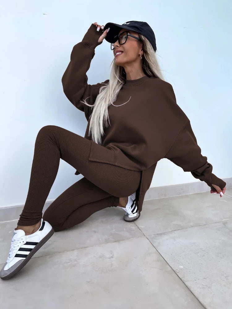 New in Women Tracksuit 2 Piece Sets Autumn Casual Oversized Sweatshirts Slit Fitness Slim High Waist Leggings Hoodie Set Female