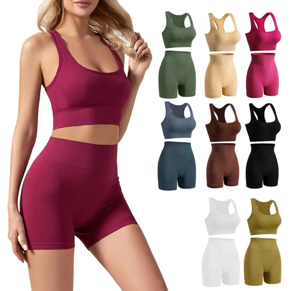 2Pcs High Waist Short Workout Outfits Ribbed Seamless Tracksuit Leggings Sleeveless Crop Matching Active Set Biker