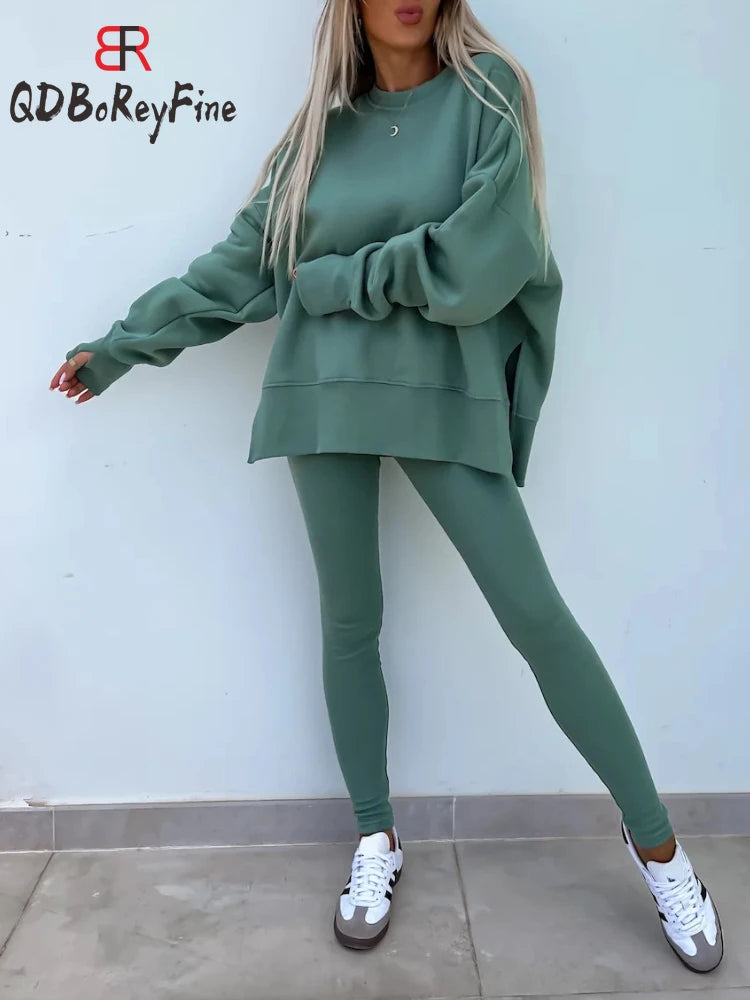 New in Women Tracksuit 2 Piece Sets Autumn Casual Oversized Sweatshirts Slit Fitness Slim High Waist Leggings Hoodie Set Female