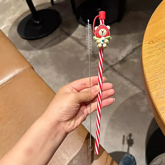 Cute Silicone Straw Cover For 7-8mm Straws With Brush Reusable Splash Proof Straw Cap Topper For 30 40oz Tumbler Cup Accessories