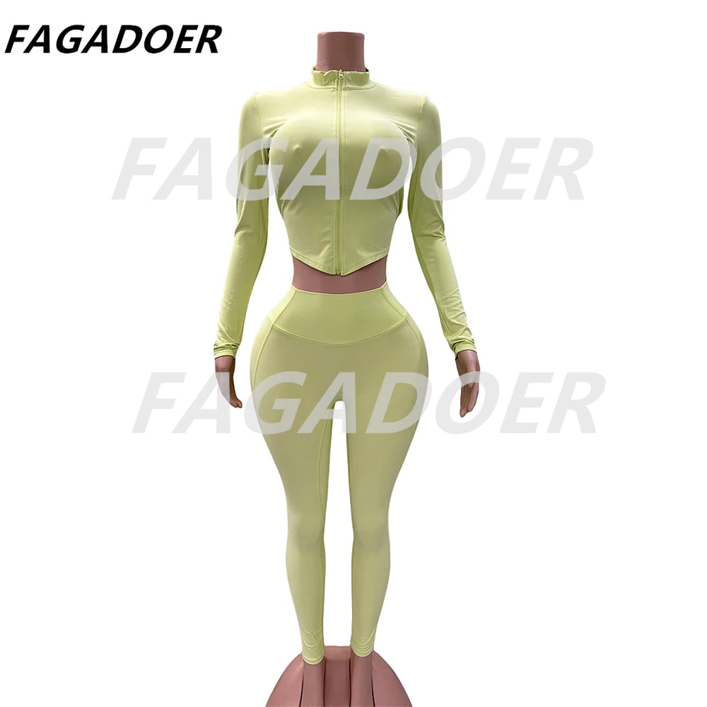 FAGADOER Candy Color Sporty 2pcs Sets Outfits Quality Stretchy Tracksuit Female Workout Streetwear Jacket + Leggings  Pants Suit