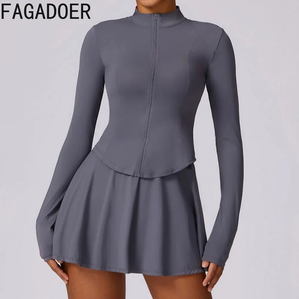 FAGADOER Women Elasticity Solid Sporty Mini Skirts Two Piece Sets Casual Zip Long Sleeve Slim Coat And Skirts Yoga Outfits 2024