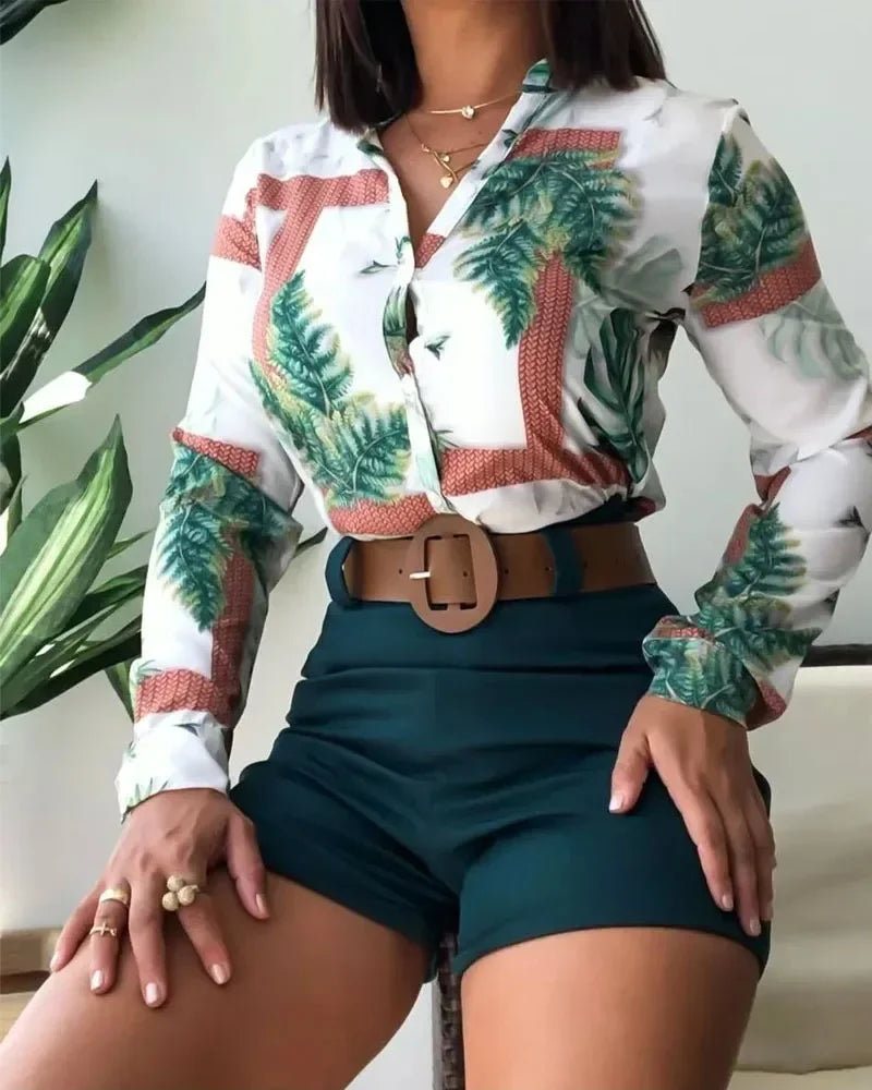 Beach Holiday Women's Tracksuit Floral Leaf Long Sleeve Shirt and Shorts Matching Two 2 Piece Set Outftis Sweatsuit