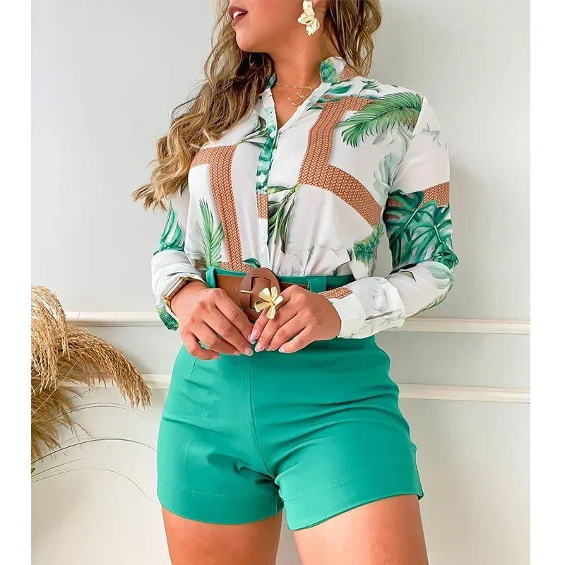 Beach Holiday Women's Tracksuit Floral Leaf Long Sleeve Shirt and Shorts Matching Two 2 Piece Set Outftis Sweatsuit