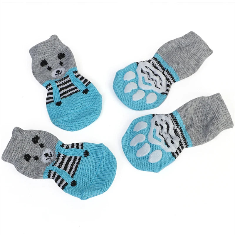 4Pcs Warm Puppy Dog Shoes Soft Pet Knits Socks Cute Cartoon Anti Slip Skid Socks Breathable Pet Products S/M/L Puppy Dog Socks