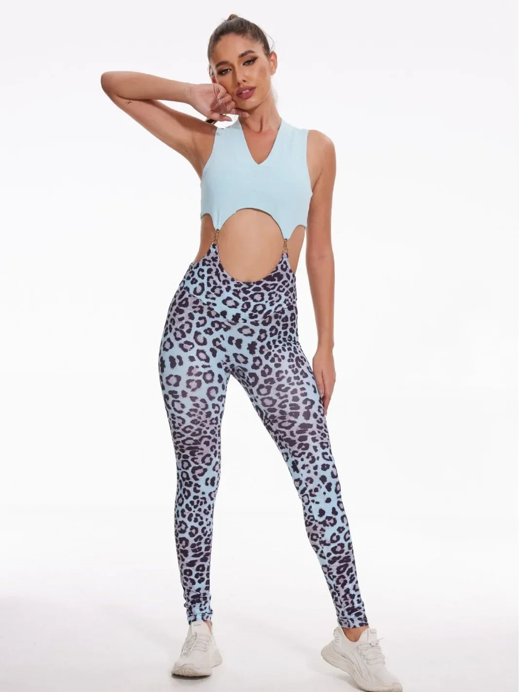 Sport Bra Scrunch Pant Leopard One Piece Jumpsuits - Women's Active Wear Suits for Gym Fitness Workout Legging.