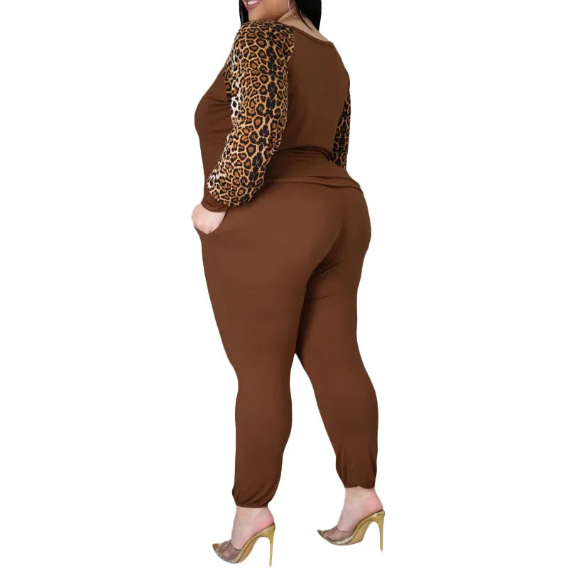 Plus Size Sets 2 Piece Outfit Women Fall Clothes Sweatsuit Tracksuit Leopard Patchwork Crop Top Leggings.