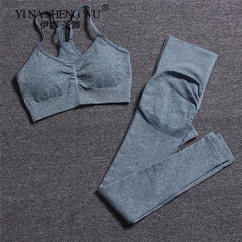 Seamless Yoga Set Women Fitness Pants Clothing Sportswear Woman Gym Leggings Padded Push-up Strappy Sports Bra 2 Pcs Sports Suit