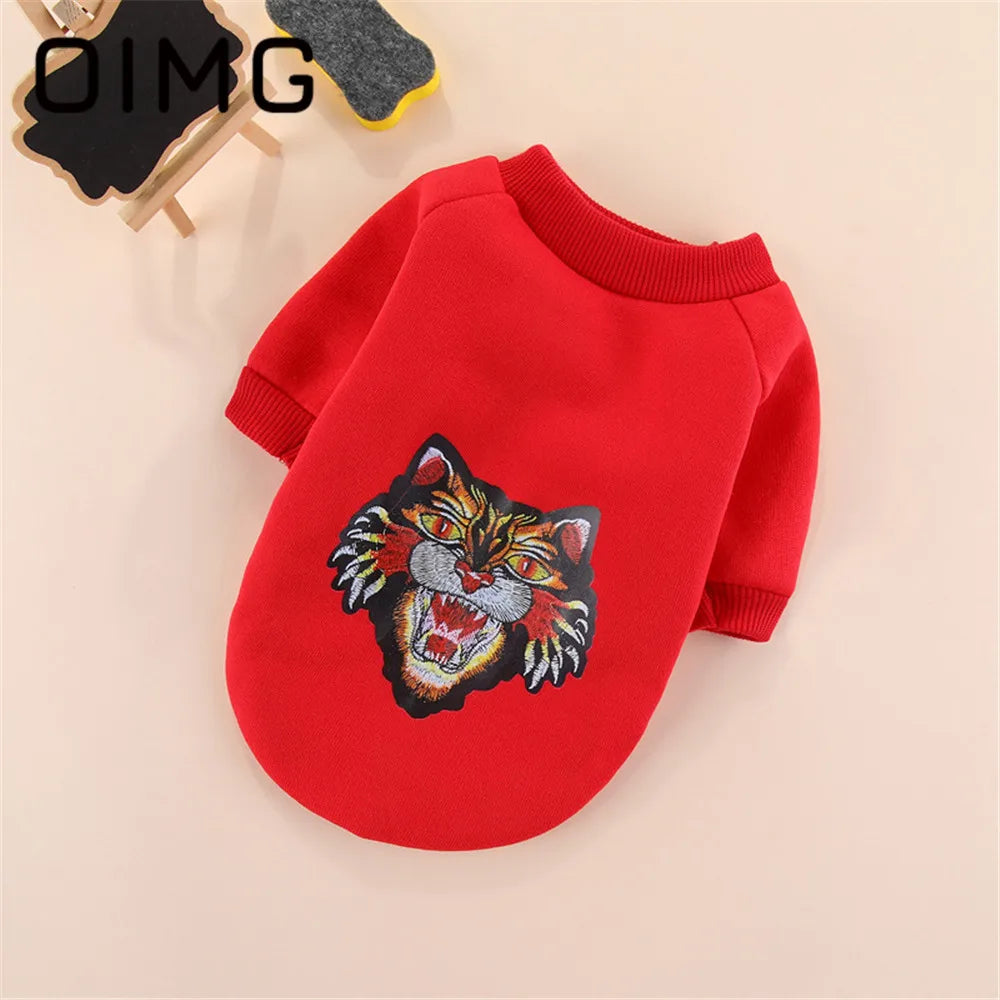 OIMG Tiger Embroidery Dog Pullover Hoodie For Autumn Winter Puppy Clothes Teddy Poodle Pomeranian Handsome Pet Fleece Sweater