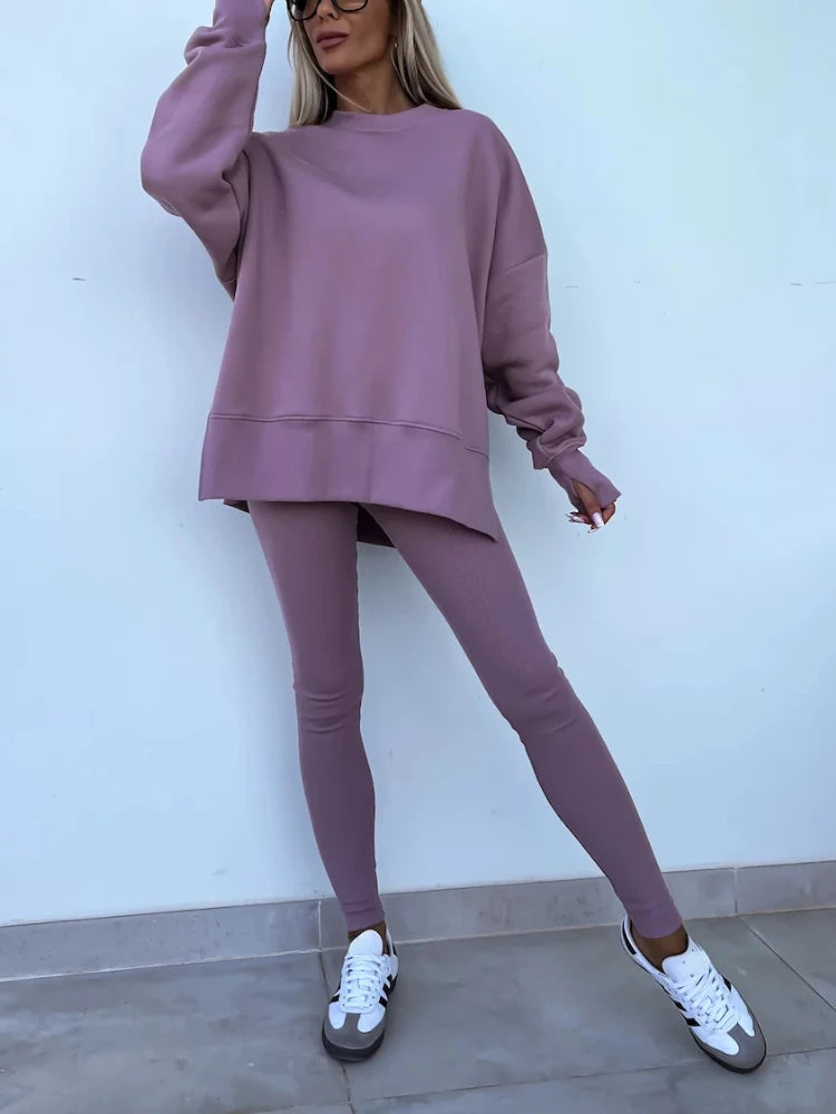 New in Women Tracksuit 2 Piece Sets Autumn Casual Oversized Sweatshirts Slit Fitness Slim High Waist Leggings Hoodie Set Female