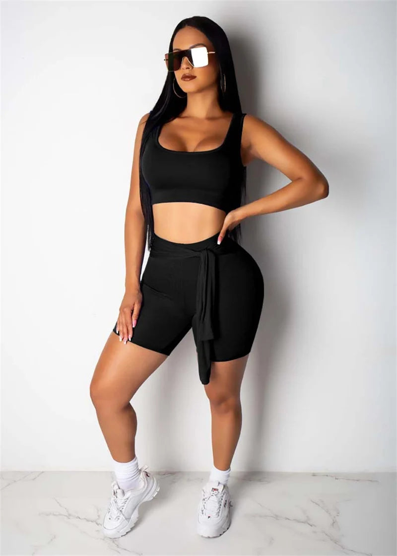 Summer Trachsuit Women Two Piece Suits Sporty Outfits U-neck Tank Crop Top and Lace-up Shorts Casual Fitness Matching Sets Yoga