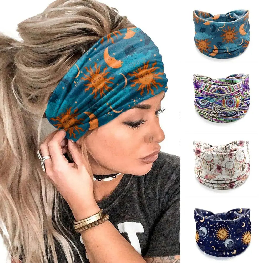 Vintage Knot Wide Headbands New Flower Print Boho Printed Headscarf Star Printed Wide Brim Hair Accessories Yoga