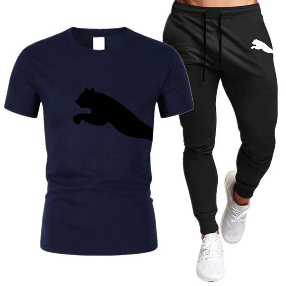 Men's Mesh T-shirt Sweatpants Suit Summer Fashion Casual Short-sleeved T-shirt Sportswear Outdoor Street Two-piece Set S-3XL