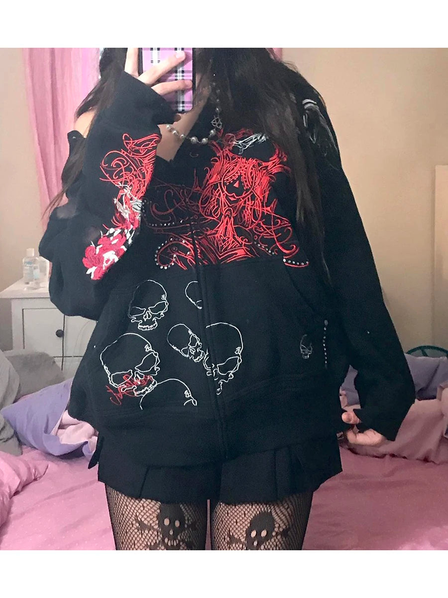 Women Hoodie Y2k Long Sleeve Top Halloween Gothic Sweatshirt Casual Skull Print Cardigan with Pockets