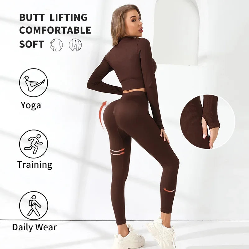 Seamless Sport Set Women Workout Clothes Gym Yoga Set Tracksuit Zipper Long Sleeve Crop Top Leggings Active Wear Running Suit