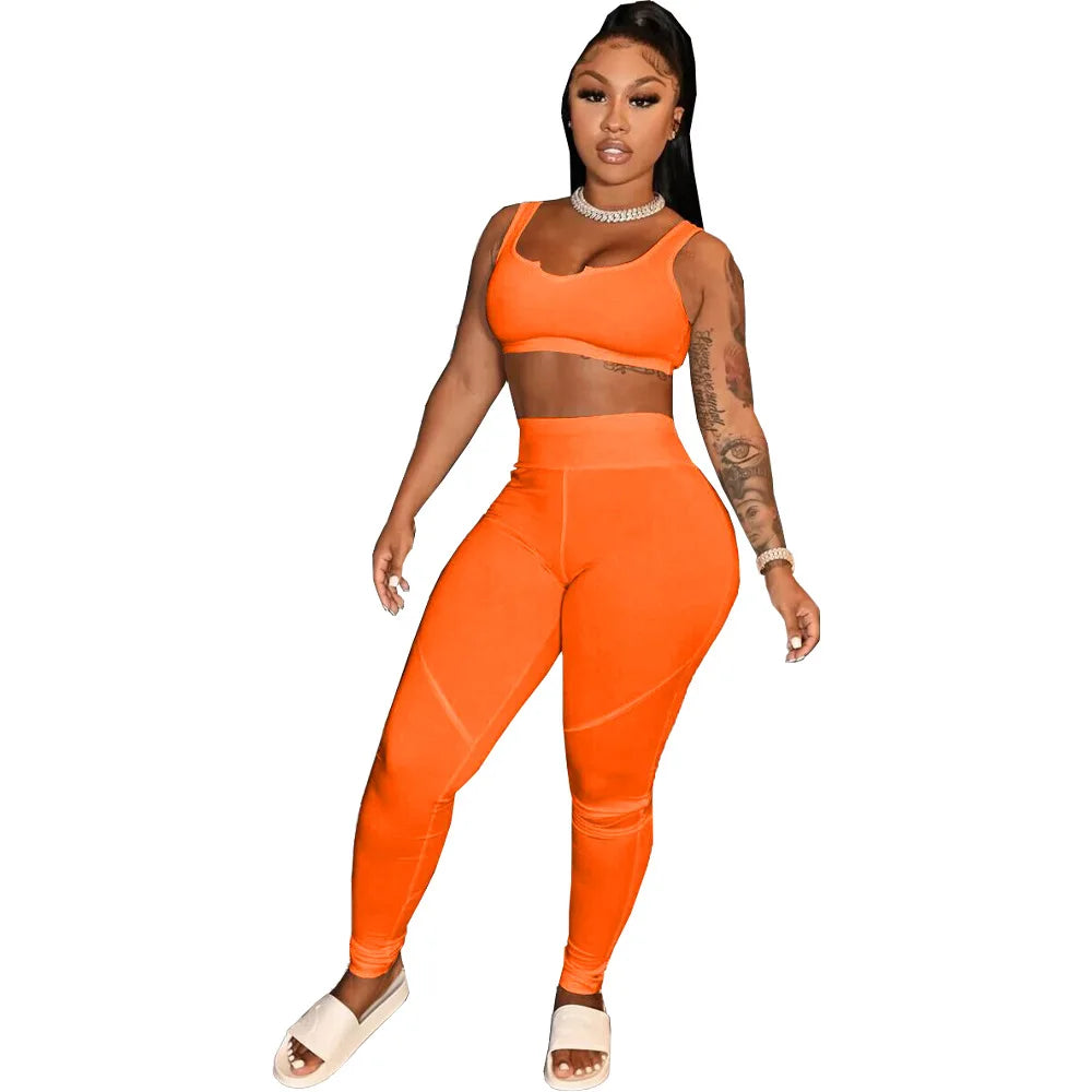 Fitness Women Yoga Tracksuit Workout Two Piece Set Solid V Neck Vest Tank Top Legging Pants Outfit Sport Matching Set Home Suit