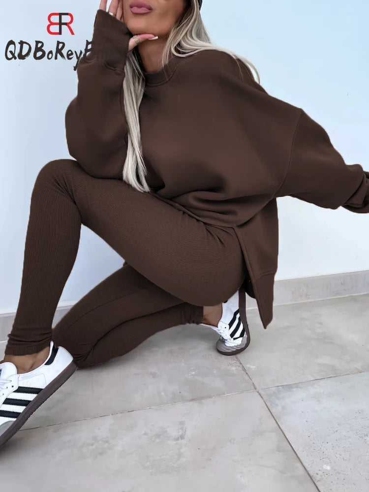 New in Women Tracksuit 2 Piece Sets Autumn Casual Oversized Sweatshirts Slit Fitness Slim High Waist Leggings Hoodie Set Female